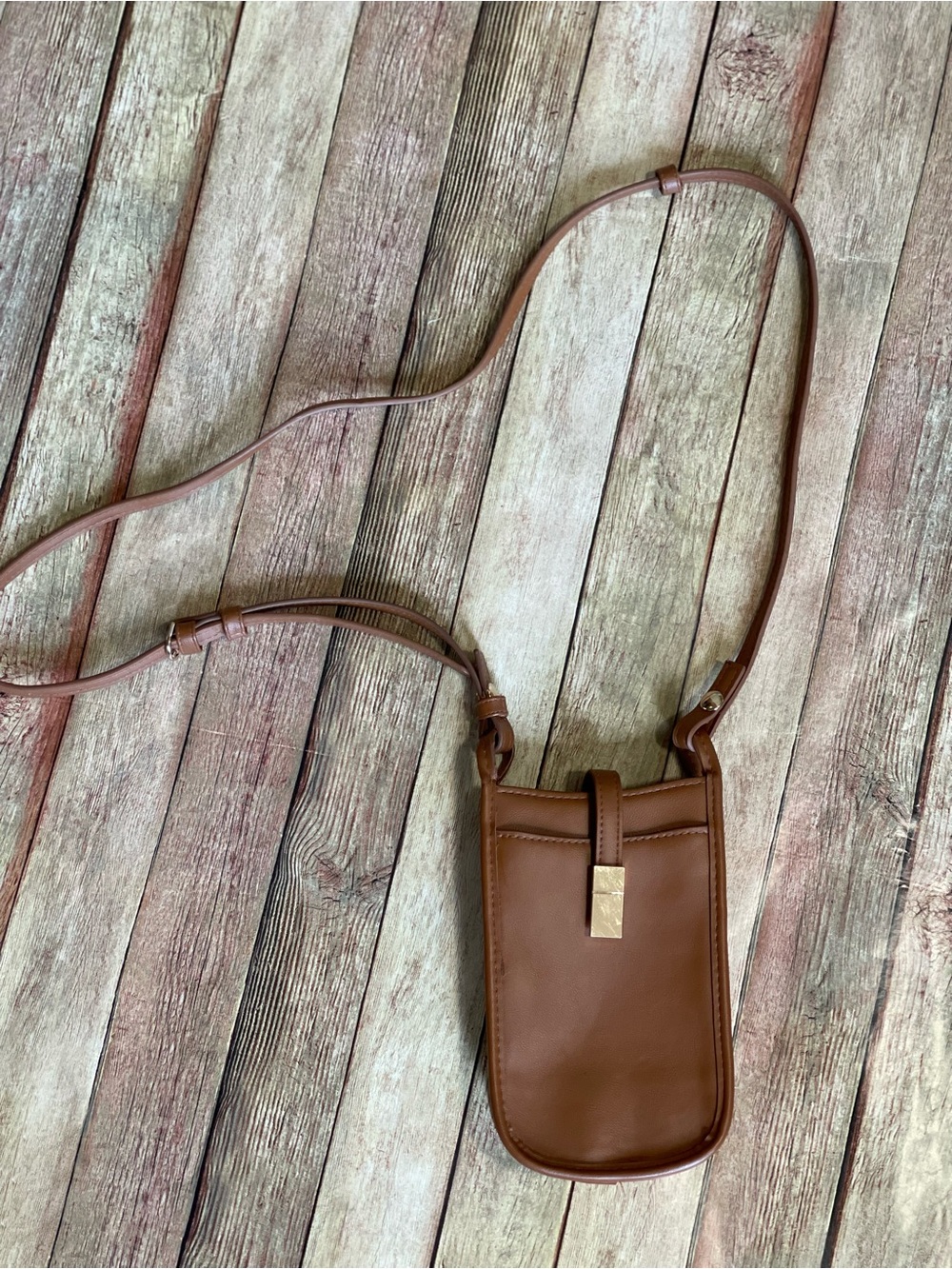 a new day Brown Leather Crossbody Phone Bag with Gold Accent